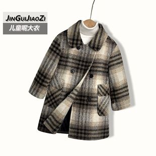 2023 new autumn and winter boys' double-breasted Western style woolen coat thickened children's lapel mid-length woolen coat