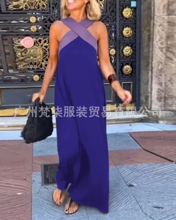2025 Summer Explosions Amazon Independent Station European and American Fashion Cross Neck Stitching dress Loose Long Dress for Women
