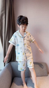 2025 New Summer Children's Gauze Pure Cotton Home Clothes Cardigan Short Sleeve Shorts Pajamas Air-conditioning Clothes