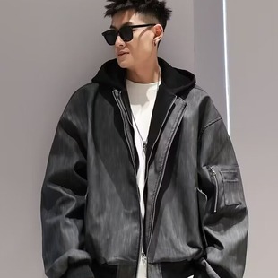 High-grade black gray texture zipper hooded fake two-piece leather jacket men's street loose all-match pu leather jacket