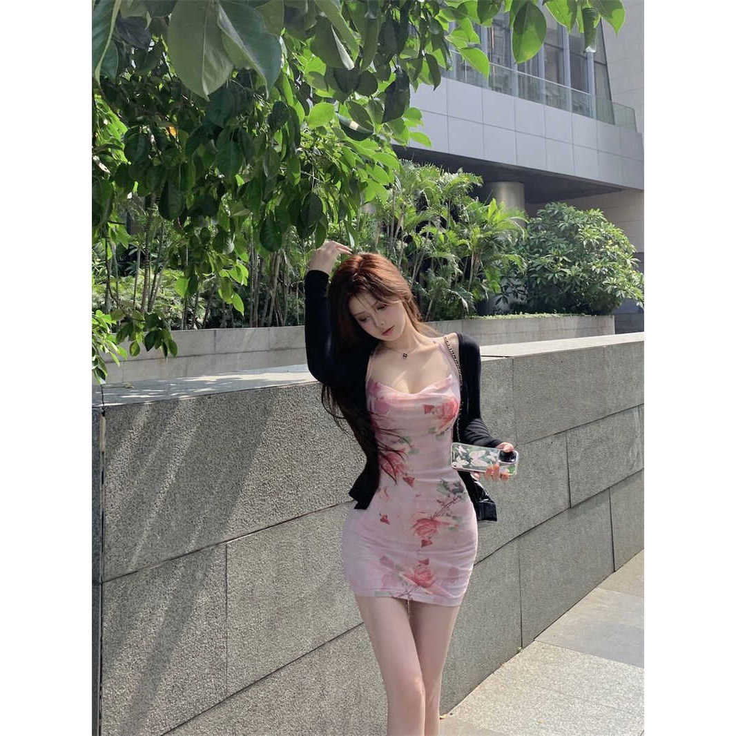 Summer Korean Style Floral Suspender Dress, Feminine, Sexy, Pure Lust Style, Slim Fit and Versatile Hip-Hugging Skirt