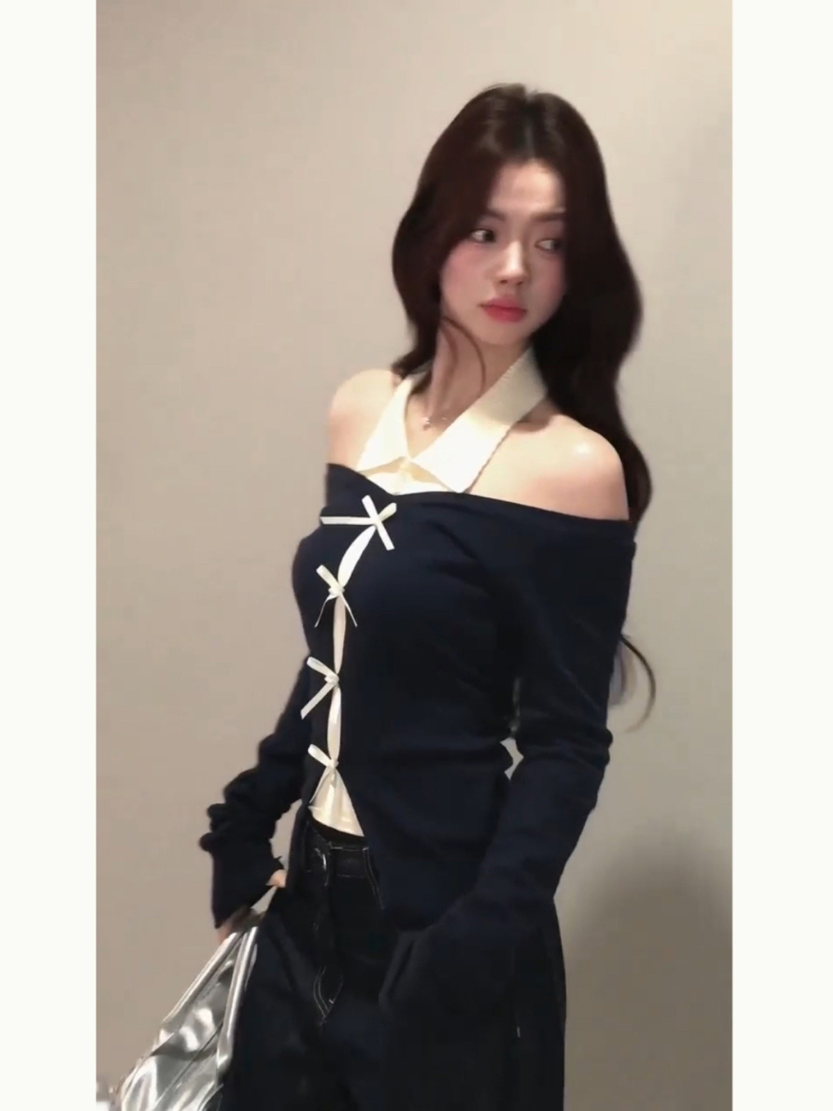 Irregular Slim Fit Waist Collar T-Shirt Women's Autumn Pure and Sexy 2024 New Style Faux Two-Piece Knit Top