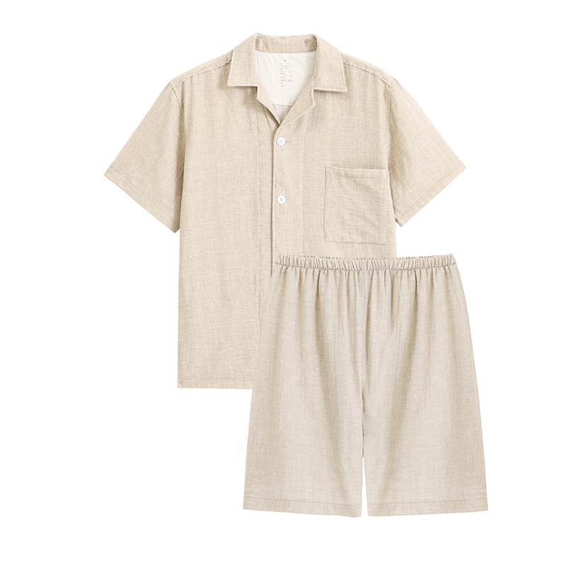 비 인쇄 면 더블 레이어 원사 반바지 파자마 남성 및 여성 봄 및 여름 일본식 Non side Seam Pure Cotton Home Wear Thin Style