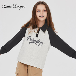 Special offer 2024 autumn new big children loose lazy style top girls American polo collar long sleeve T-shirt