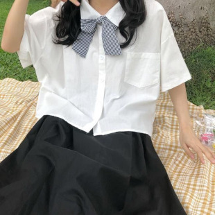 Preppy Style Summer Short-sleeved Bow Shirt + Pure Color Skirt for Female Students Korean Style Loose Single-piece Suit Trendy