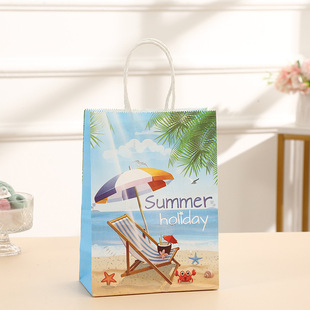 Fresh Style Cartoon Seaside Series Kraft Paper Bag Party Birthday Gift Tote Bag Clothing Gift Shopping Bag