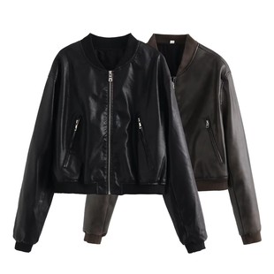PU Street Trendy Short Slim Fit 2023 Autumn New Vertical Collar Motorcycle Aviator Jacket Coat Leather Coat 6NS032