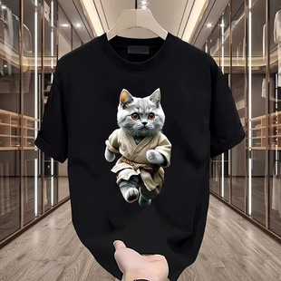 Summer New Cartoon Cat Short-sleeved Men's and Women's Casual Crane Brick Moving Cat Personalized 3D Printing Super Fire Half-sleeved Shirt