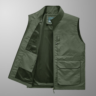Men's Spring and Autumn Thin Outdoor Multi-pocket Vest New Vest Solid Color Workwear Stand Collar Casual Waistcoat