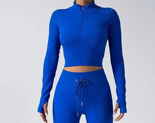 Two-Piece Yoga suit Solid Color Fashion Explosion Zipper Fitness Long Sleeve Drawstring Sports Slim-Fit High Elastic Trousers for Women