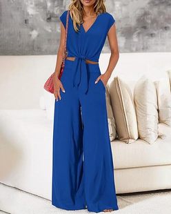 Women's Summer 2-piece suit 2025 V Collar Belt Cropped Top Wide Leg Pants suit Casual Sportswear