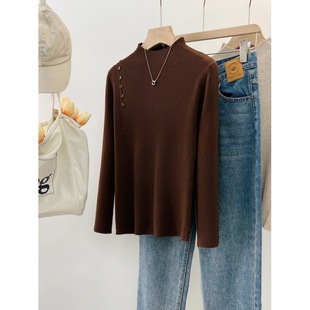 Sweater Women's Thickened Semi-High Collar Base Shirt Autumn and Winter Button Knitted Shirt Long-Sleeved Slim-Fit Inner Top Women