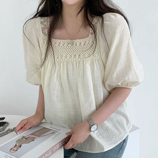 Korean chic Summer Niche Elegant Square Collar Hollow Crochet Loose All-match Perspective Puff Sleeve Shirt Top for Women