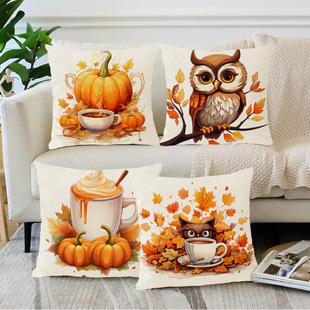 Cartoon Owl Thanksgiving Pillowcase New Pumpkin Maple Leaf Printed Pillowcase Holiday Sofa Decorative Cushion