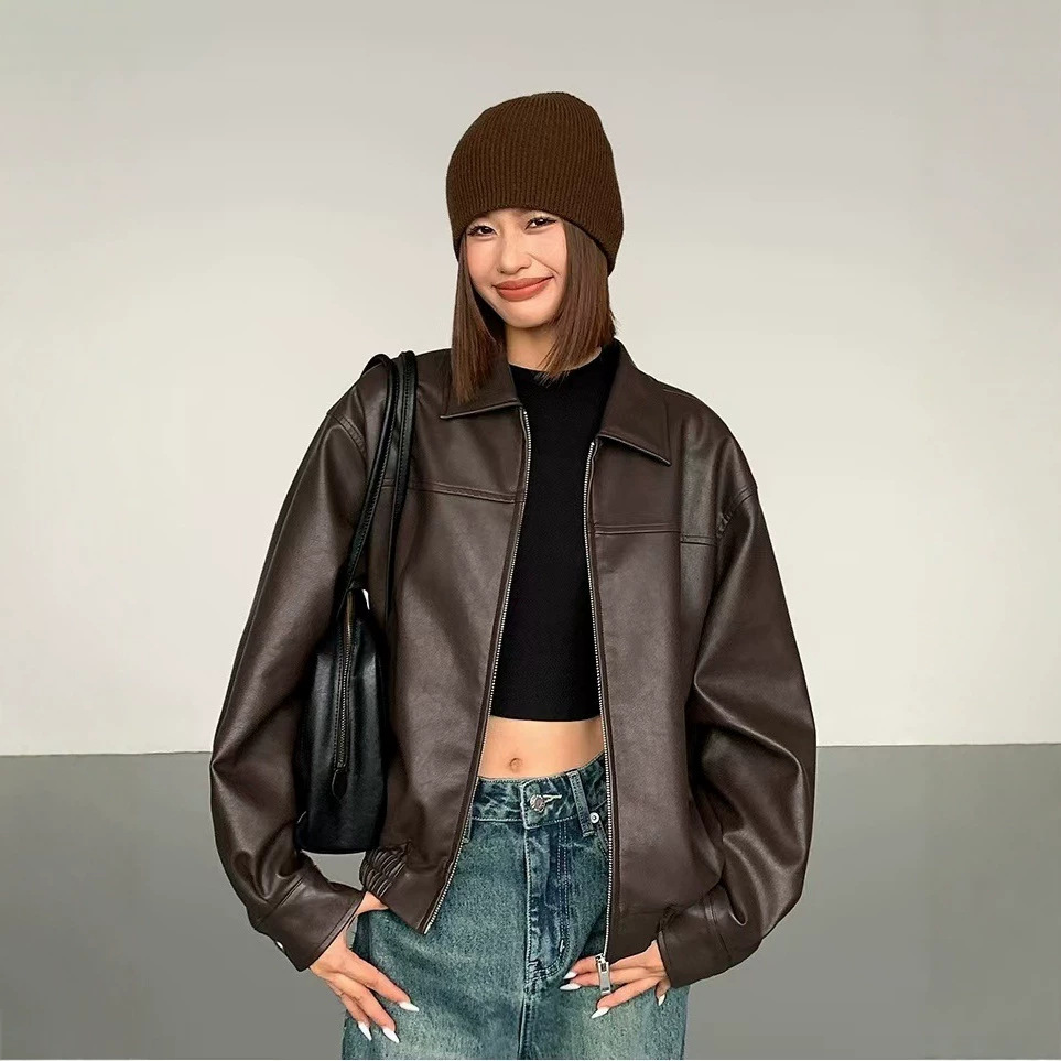 European and American style casual loose PU leather jacket for women, 2026 autumn and winter new style, Hong Kong style retro motorcycle jacket.