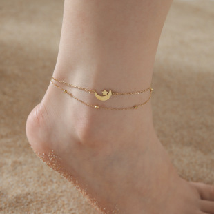 Cross-border Bohemian Anklet Women's Meniscus Star Pendant Charm Stainless Steel Anklet Barefoot Beach Anklet
