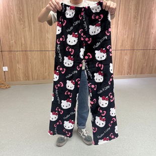 Flannel cartoon KT cat pajama pants thick ladies autumn and winter new fleece-lined warm home casual pants foreign trade tail goods