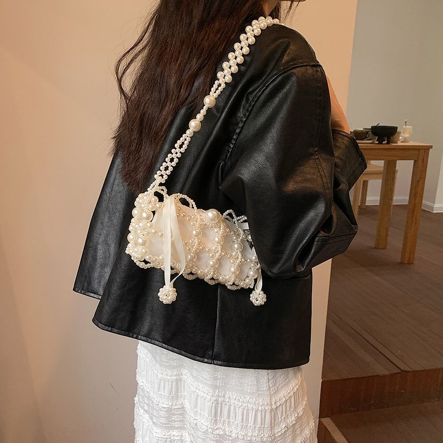 New fairy-style pearl chain mini bag, fashionable woven beaded crossbody bag, mini phone bag