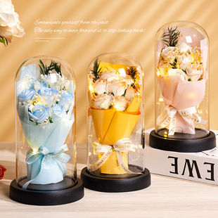 Birthday Gift Crushed Ice Blue Immortal Flower Dried Flower for Boyfriend and Girlfriend Mother Rose Gypsophila Glass Cover Bouquet Wholesale