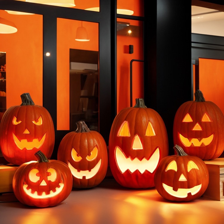 Halloween decorations, glowing pumpkin lanterns, large displays, backgrounds, outdoor scene decorations, cat figurines