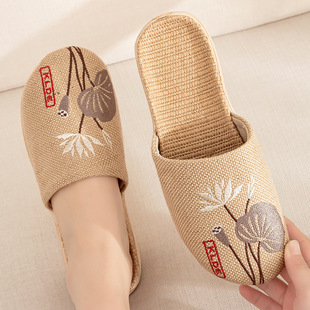 Linen Slippers Women's Summer Men's Couple Home Embroidered Non-slip Soft Bottom Indoor Household Cotton and Linen Floor Slippers