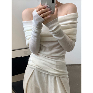 Sexy Off-shoulder White Long-sleeved Sweater Women's Spring Design Sense Inner Sweater Slim-fit Pleated Off-shoulder Top