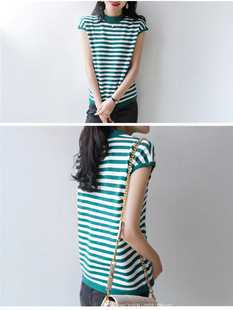 Summer Cotton and Linen Striped Short-sleeved T-shirt Women's 24 New Cotton Contrast Black and White Striped Half-sleeved Loose Slimming Age-reducing