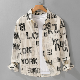 Spring and Autumn Men's High-end Printed Simple Long-sleeved Shirt Fashionable Casual Loose Popular All-match Shirt 6156