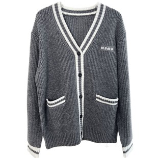 Nanyou Autumn and Winter New Miu Style Letter Casual All-match V-neck Double Pocket Wool Knitted Cardigan for Women