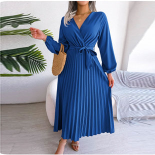 European and American Women's 2025 Cross-border New Spring Fashion Lace Solid Color Cross High Waist V-neck Pleated dress 661
