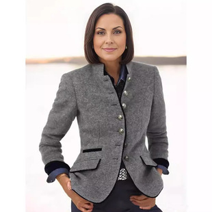 Spring 2025 New Cross-border European and American Women's Woolen Jacket Multi-button Retro Color-matching Single-breasted Vertical Collar Jacket