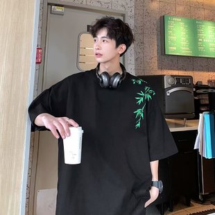 2024 Bamboo Embroidered Short-sleeved T-shirt Summer New Korean Style Loose Fashionable All-match Casual Men's Top National Fashion