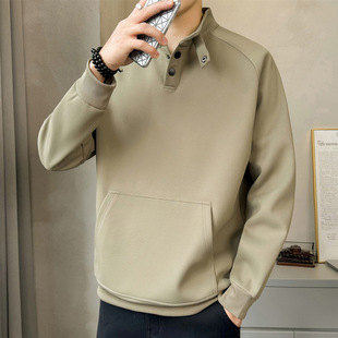 Factory direct supply spring and autumn new men's fashion casual stand collar pullover sweater trend all-match button decoration green