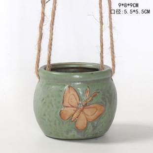 Courtyard K Color Flower Pot Ceramic Hanging Pot Hanging Basket Hemp Rope Coarse Pottery Fleshy Plant Wood Burning Retro Garden View Home Antique