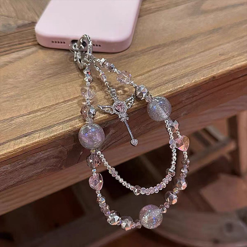 New Sweet Crystal Beaded Angel Wing Pendant Niche High-Value Magic Wand Phone Charm