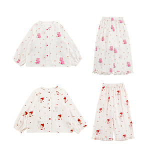 Wuri Boo Girl's Cartoon Printed Home Clothes suit 2025 Summer Fungus Double Yarn Pajamas Two-Piece Set