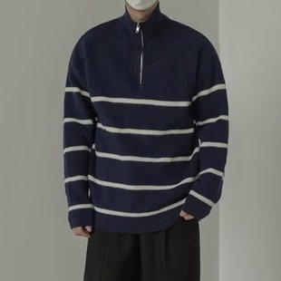 Mandu Black Half Zip Striped Turtleneck Sweater Winter Lazy Casual Warm Base Shirt Loose Knit Sweater