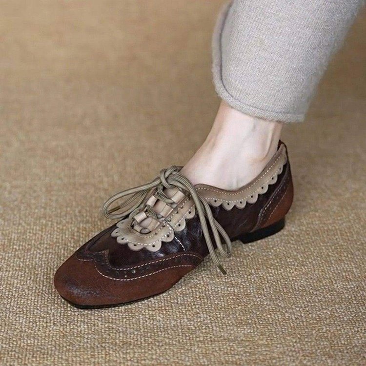 Sheepskin Version~Niche Carved Vintage Leather Shoes for Women, Lace-Up, New Spring and Autumn Style, British Style Versatile Loafers