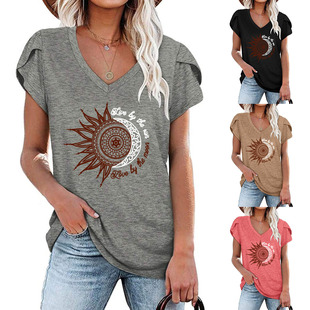 Cross-border 2022wish Amazon live by the sun sunflower printed V-neck petal short sleeve t-shirt for women