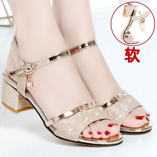 Summer New Genuine Leather Mid-Heel Chunk Women's Rhinestone Sandals for Middle-aged plus size Elegant Fashionable Non-slip Sandals for Mom Women