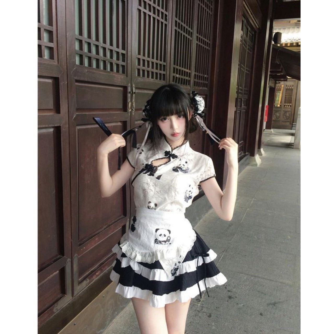 New Chinese Style Chinese Girl Print Improved Cheongsam Button Top High Waist Cake Skirt Cute Apron Summer Suit for Women