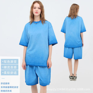 Cross-border Retro Washed Old Short-sleeved T-shirt American Street Trend Loose Two-color Gradient Cotton Top Round Neck