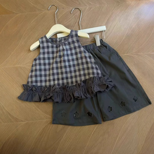 Pola Girls Korean Style 25 Summer New Plaid Sweet Ear Sleeveless Shirt Hollow Flower Wide Leg Pants Set