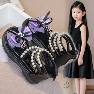 Girls' Sandals 2025 New Summer Fashion Soft Sole Princess Shoes Black Cullomi Middle and Big Kids Children's Roman Shoes