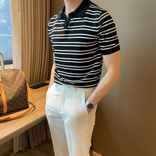 Summer New Knitted Laps Breathable Anti-wrinkle T-shirt Ice Silk Striped Polo Shirt Black Control Ice Silk Knitted Sweater