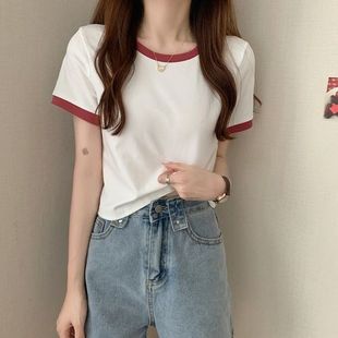 Contrast Color Crewneck Short-sleeved T-shirt Women's 2022 Cross-border Summer Base Shirt Korean Style Slim-fit Short Top Trendy