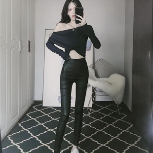 2024 Autumn and Winter New Slim Fit Slim Figure Bag Hip Leggings Leather Pants Tight Pants All-match Pants Women