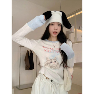 Early Autumn Top Cat Printed Long-sleeved Inner T-shirt Women's Stitching Slim-fit Short Base Shirt