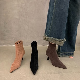 High heel pointed toe elegant suede thin short boots women's shoes 2023new autumn and winter fleece-lined Korean style ankle boots
