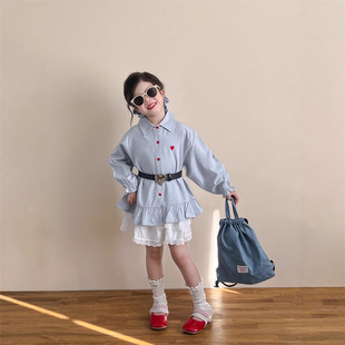 Girls' Spring and Autumn Embroidery Love Design Niche Loose Ruffled Long Blue Shirt Belt Single Beat